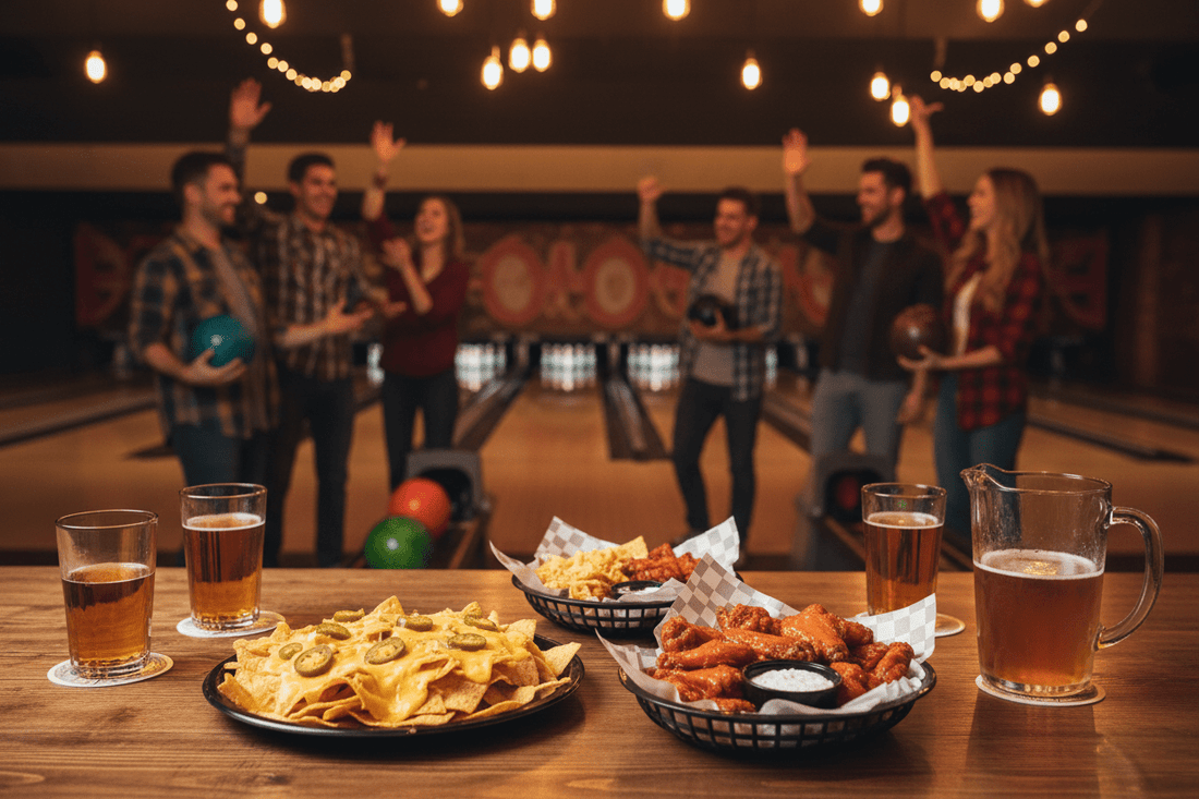Friends enjoying bowling league night with nachos and beer at bowling alley