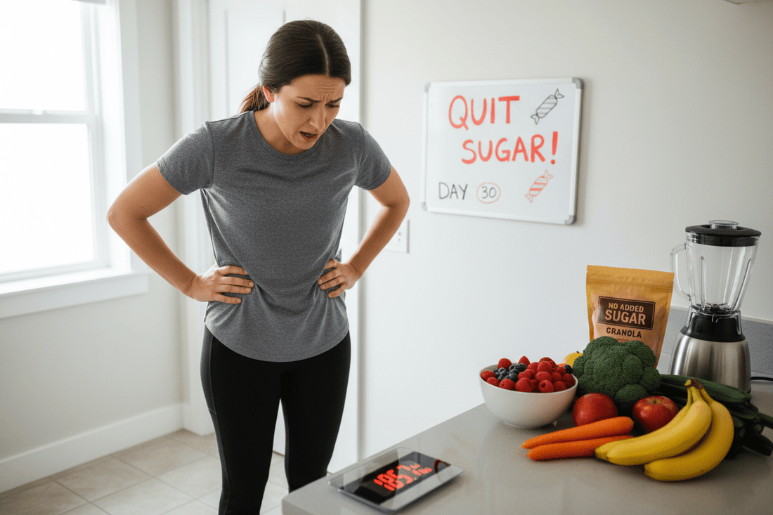 Frustrated person on scale showing weight gain despite quitting sugar and eating healthy foods