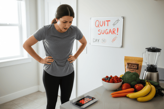 Frustrated person on scale showing weight gain despite quitting sugar and eating healthy foods