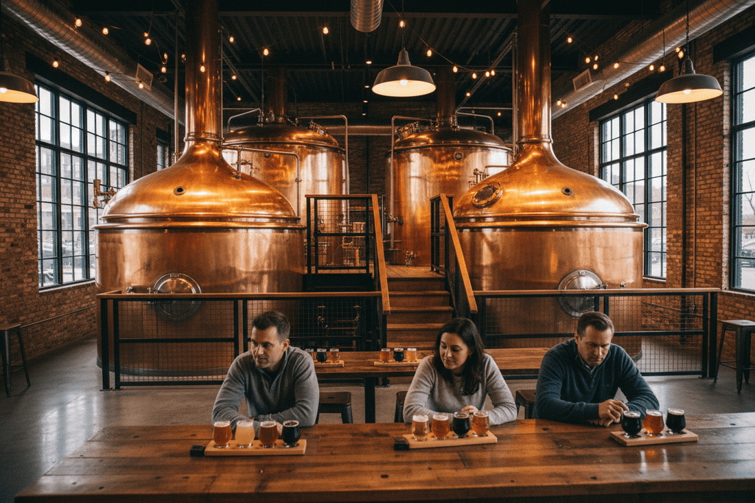 Large copper brewing vats and tanks in craft brewery with beer flight tasting area