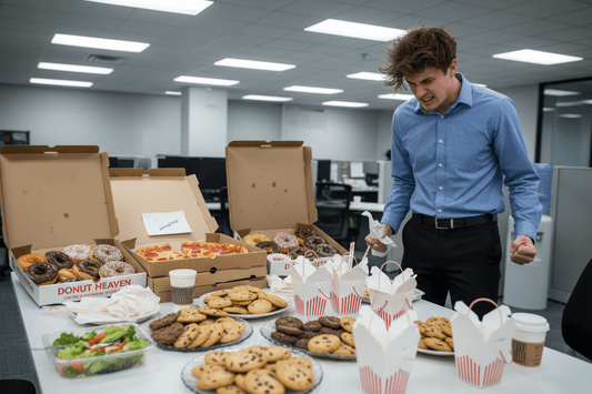Office worker struggling with weight loss goals surrounded by break room donuts, pizza boxes and Chinese takeout containers