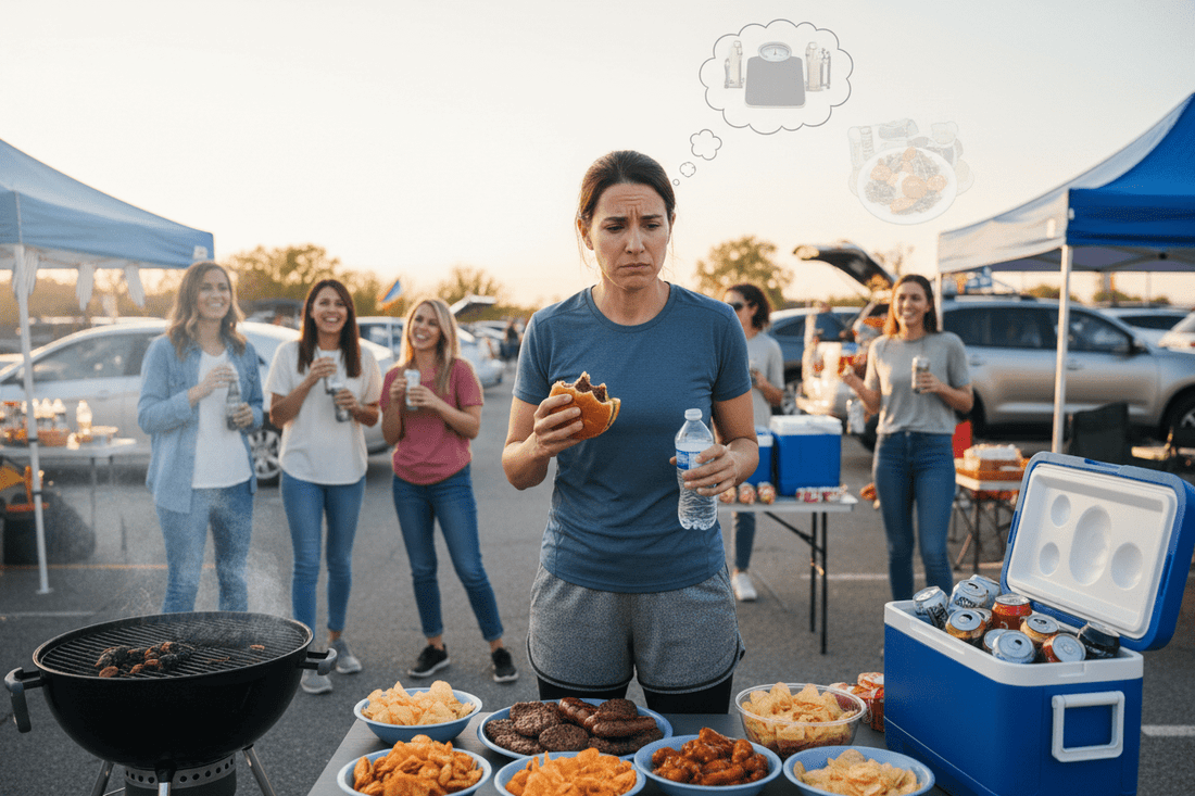 Person looking conflicted at tailgate party surrounded by grilled burgers, hot dogs, beer and game-day snacks