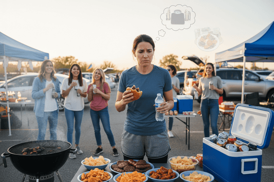 Person looking conflicted at tailgate party surrounded by grilled burgers, hot dogs, beer and game-day snacks