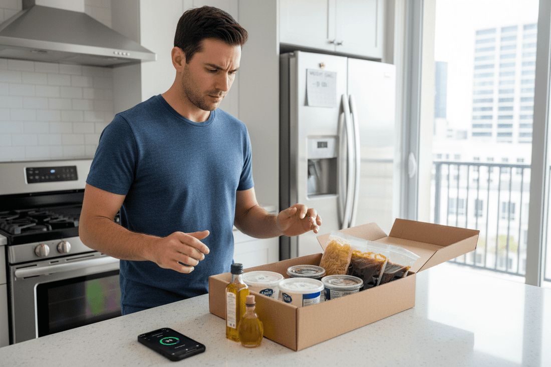 Person looking conflicted while unpacking meal kit box with pre-portioned ingredients, oils, creams and rich sauces