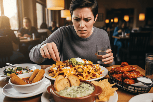 Person looking conflicted at restaurant table surrounded by loaded nachos, mozzarella sticks, wings and appetizer sharing plates