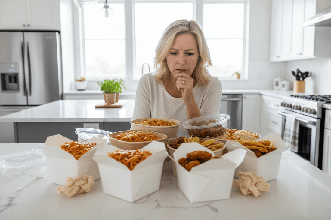 Woman looking at oversized takeout containers on kitchen counter - Restivo Health & Wellness helps patients lose up to 40lbs in 40 days with doctor-supervised program