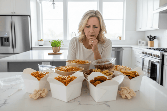 Woman looking at oversized takeout containers on kitchen counter - Restivo Health & Wellness helps patients lose up to 40lbs in 40 days with doctor-supervised program