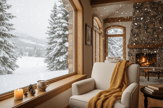 "Cozy home interior with comfortable chair and warm lighting looking out window at peaceful winter snowfall and snow-covered landscape"