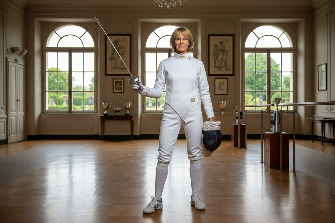Elegant sophisticated woman in premium fencing gear holding a foil in an upscale fencing studio, looking slim, athletic, healthy and confident, fencing sport and weight loss