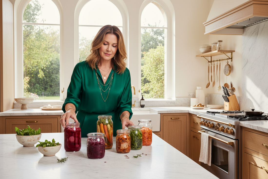 Elegant woman arranging artisan jars of fermented vegetables on a marble countertop in a luxurious kitchen, representing the connection between fermentation, gut health, and weight loss.