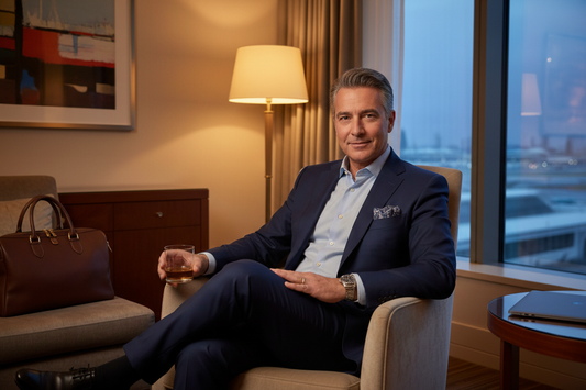 Confident man in his early 50s in a luxury hotel or upscale lounge, professional business attire, radiant and relaxed, reflecting flexible doctor-supervised medical support that travels anywhere
