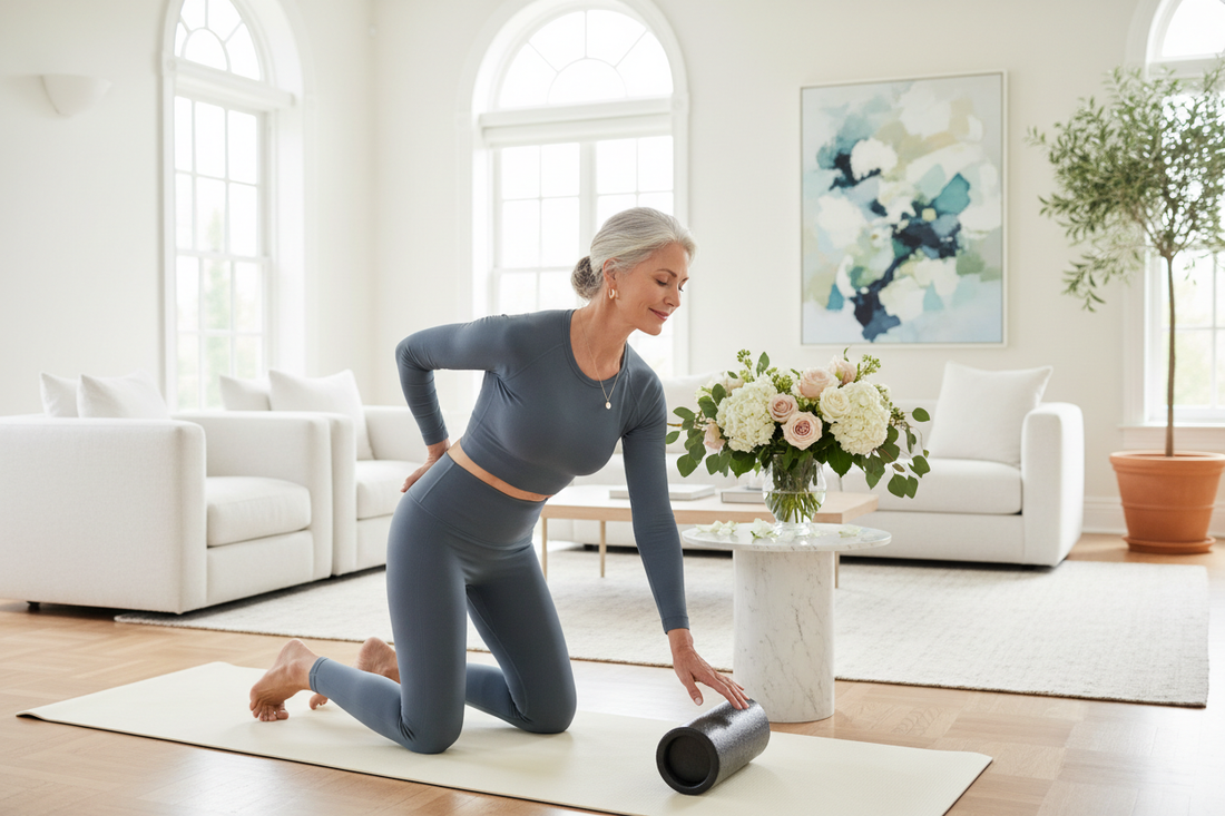 Elegant woman foam rolling on a yoga mat in a bright luxurious home supporting her weight loss journey with Dr. Donna Restivo