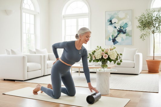 Elegant woman foam rolling on a yoga mat in a bright luxurious home supporting her weight loss journey with Dr. Donna Restivo