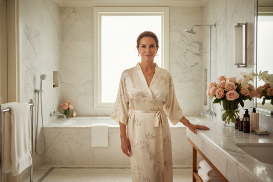  Elegant woman in her early 50s in a luxurious marble bathroom with soft natural light, wearing a silk robe, radiant and confident, reflecting focused fat release with comprehensive doctor-supervised care