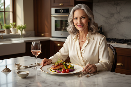 Elegant woman admiring a beautifully plated meal on fine china in a luxurious upscale kitchen