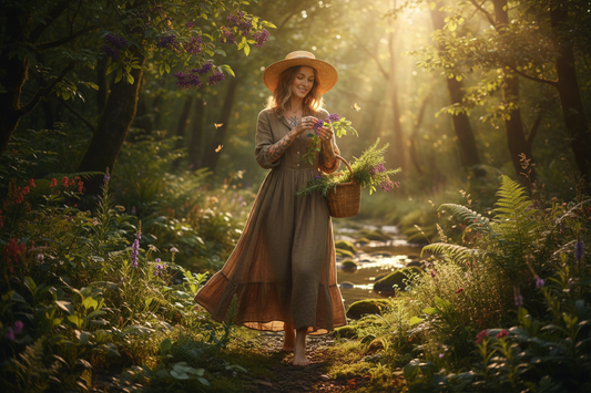 "Woman foraging for wild herbs and berries in a lush forest, embracing nature as part of a healthy weight loss lifestyle"