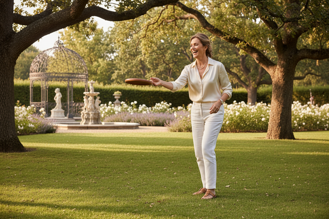 Elegant woman enjoying frisbee outdoors for weight loss in a luxurious park setting