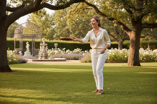 Elegant woman enjoying frisbee outdoors for weight loss in a luxurious park setting