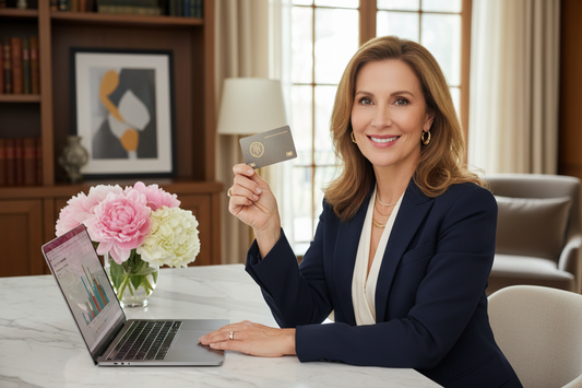 Sophisticated elegant woman in her 50s at a marble desk holding a health savings card with a warm relieved smile as FSA HSA eligibility makes her transformation accessible
