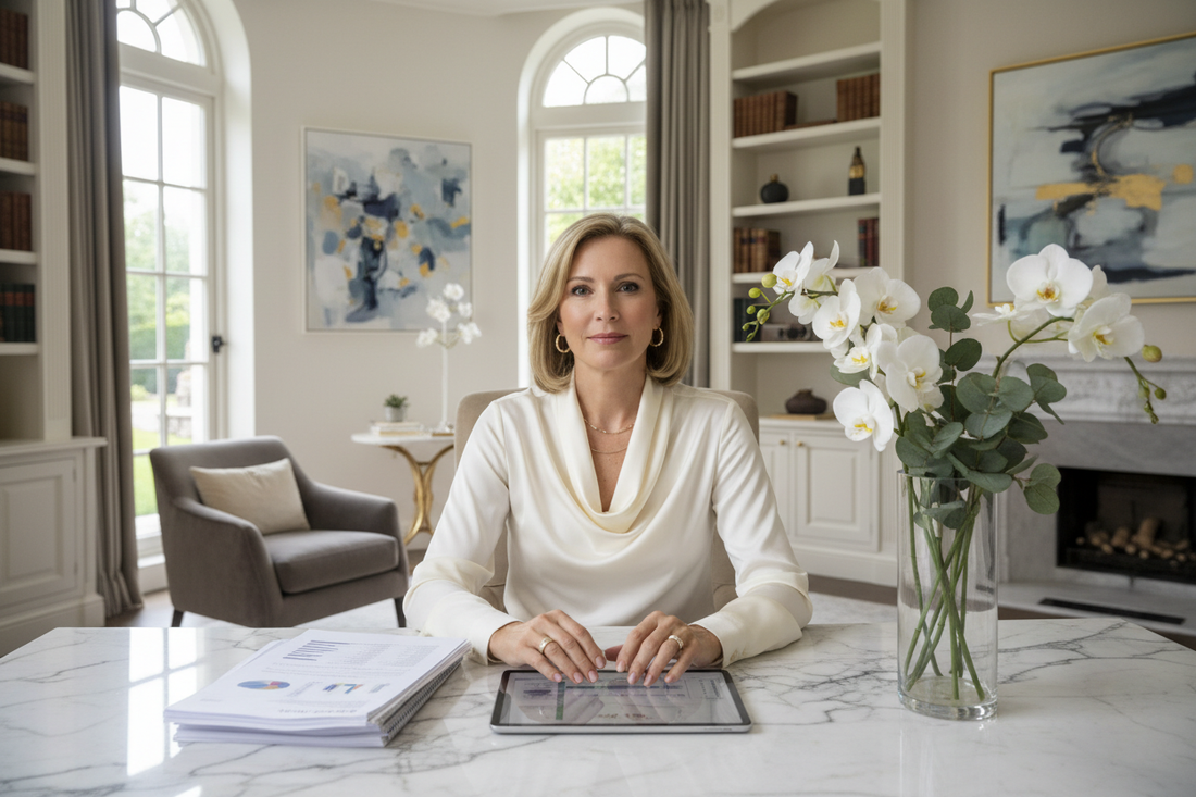 Elegant woman in her 50s reviewing financial documents at a luxurious marble desk, calm and confident in soft natural light with fresh flowers nearby