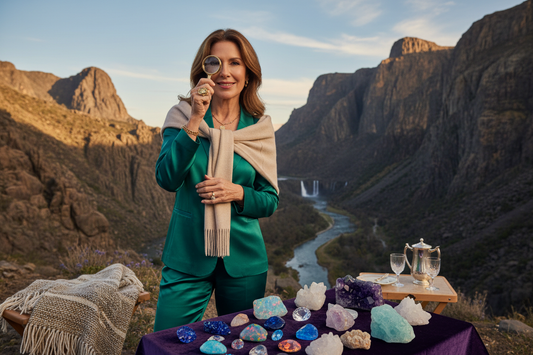 Elegant well-dressed woman in her 50s examining beautiful gemstones outdoors in a scenic rocky landscape - Doctor-supervised weight loss program for rockhounding enthusiasts