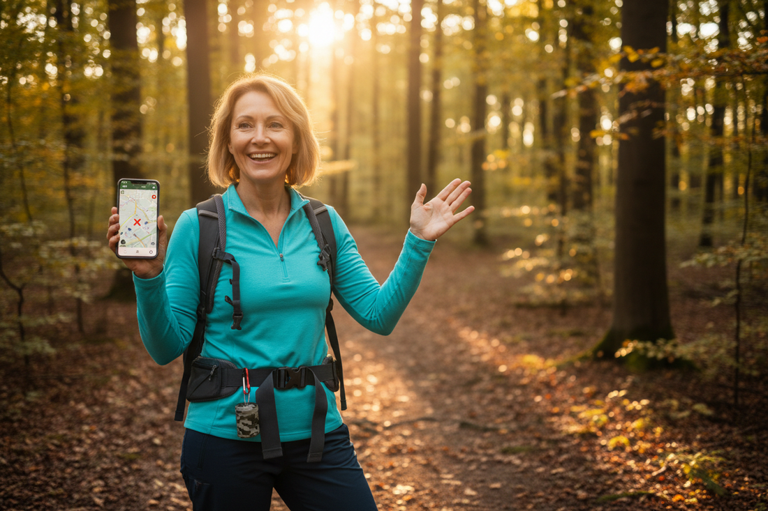 Woman in her 50s smiling outdoors in a forest holding a smartphone for geocaching adventure at golden hour - Restivo Health & Wellness Weight Loss Program