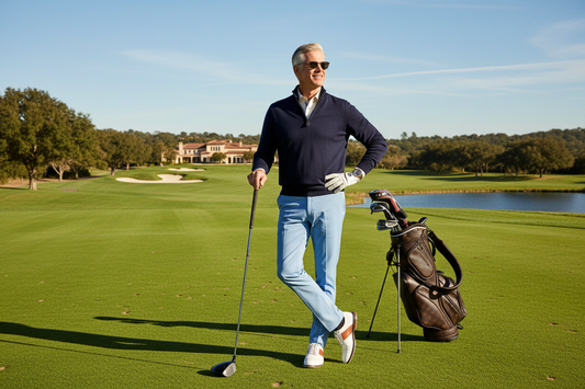 Elegant sophisticated man on a beautiful golf course on a sunny day, wearing premium golf attire, looking slim, healthy and confident, affluent golf and weight loss