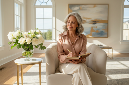 Elegant woman in her 50s writing in a gratitude journal in a luxurious sunlit living room, looking radiant and at peace
