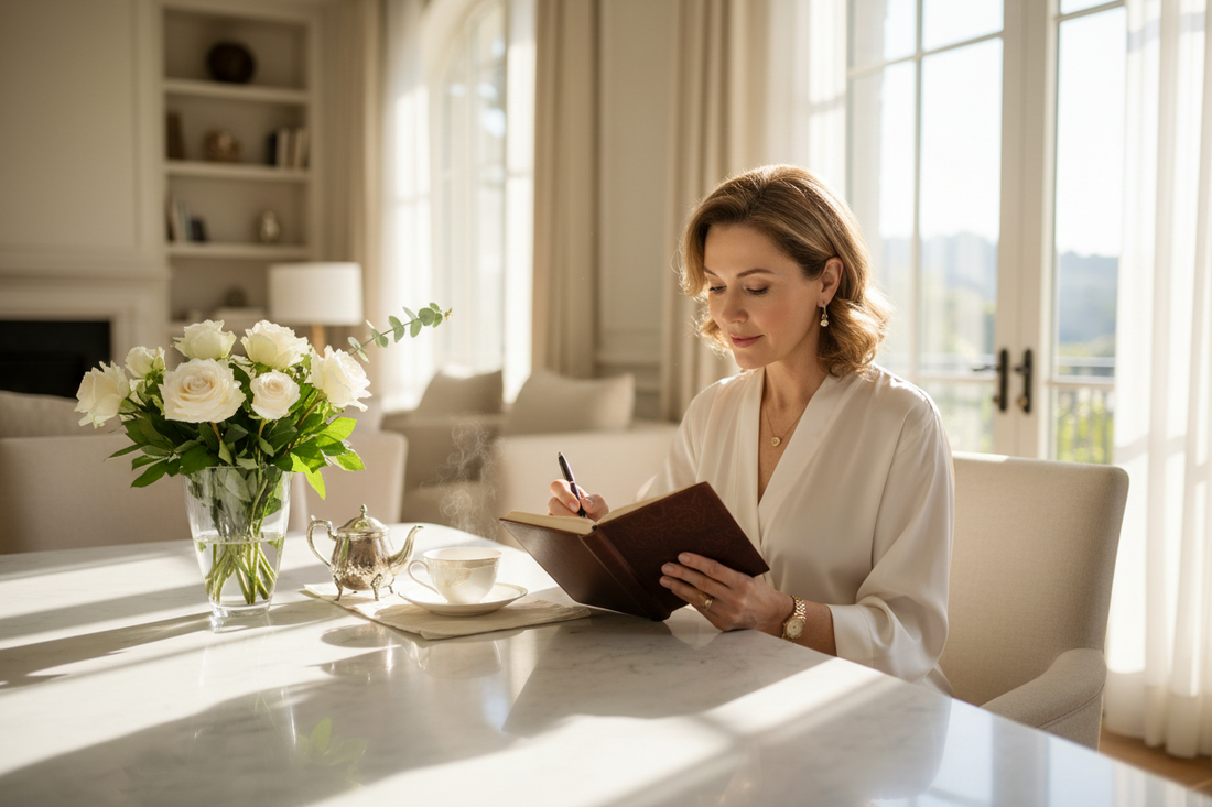 Elegant woman in her 50s writing in a beautiful leather gratitude journal at a luxurious marble breakfast table with fresh flowers, a cup of tea, and soft morning light