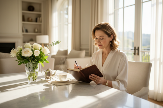 Elegant woman in her 50s writing in a beautiful leather gratitude journal at a luxurious marble breakfast table with fresh flowers, a cup of tea, and soft morning light