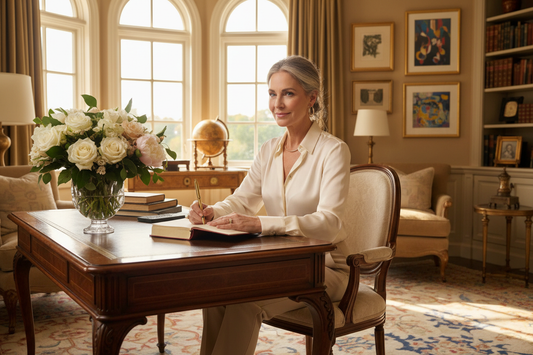 Elegant high-achieving woman over 45 writing in a journal at a luxurious desk practicing gratitude during a life transition