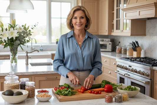 Elegant woman in a luxury kitchen preparing a vibrant healthy meal with fresh vegetables, representing gut health and mindful eating for weight loss