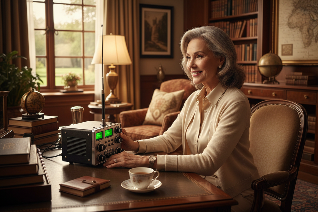 Elegant well-dressed woman in her 50s operating a ham radio in a beautifully decorated home office - Doctor-supervised weight loss program for ham radio enthusiasts