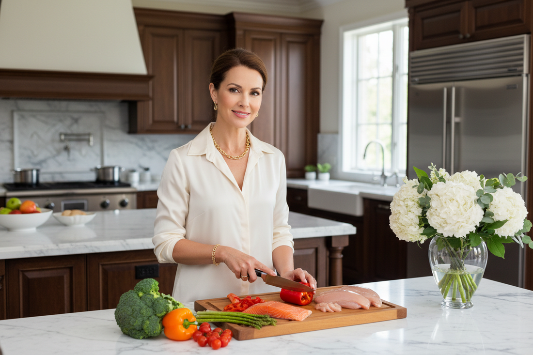  Elegant woman in her 50s in an upscale kitchen preparing a wholesome real-food meal with fresh vegetables and lean protein on a marble countertop, silk blouse, gold jewelry, soft natural light, fresh flowers, radiant healthy glow