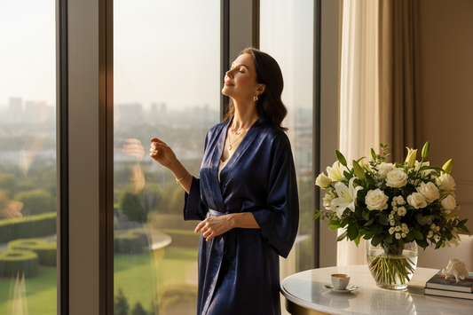 Elegant woman in a silk robe standing at floor-to-ceiling windows bathed in golden morning sunlight with eyes closed peacefully in a luxurious upscale home with fresh flowers