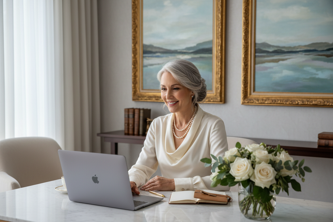 Elegant woman in silk blouse smiling warmly at a laptop screen during a video consultation in a luxurious home office with fresh flowers and soft natural light