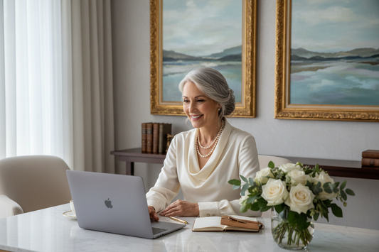 Elegant woman in silk blouse smiling warmly at a laptop screen during a video consultation in a luxurious home office with fresh flowers and soft natural light