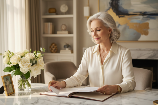 Elegant woman in silk blouse reviewing health documents with a calm confident expression at a luxurious marble desk with fresh white flowers and warm natural light