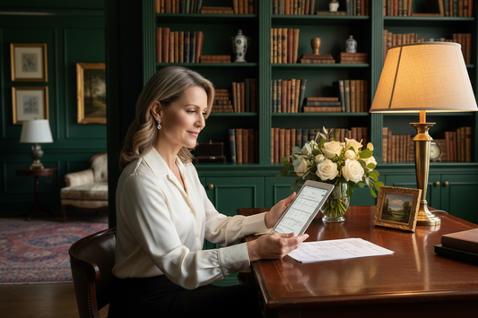 Elegant woman in silk blouse looking at lab results on a tablet with a calm reassured smile in a luxurious home study with warm lamp light and fresh flowers