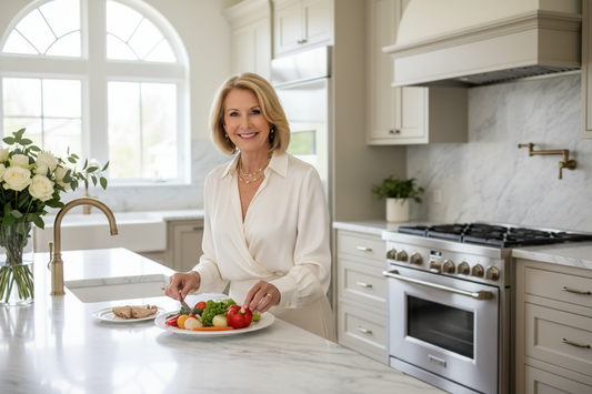 Elegant woman in silk blouse preparing a beautiful healthy meal with a calm confident smile in a stunning upscale kitchen with fresh flowers and soft natural light
