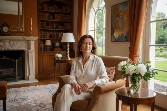 Elegant woman in silk blouse sitting peacefully in a plush armchair near large windows with soft natural light and fresh flowers in a luxurious upscale home