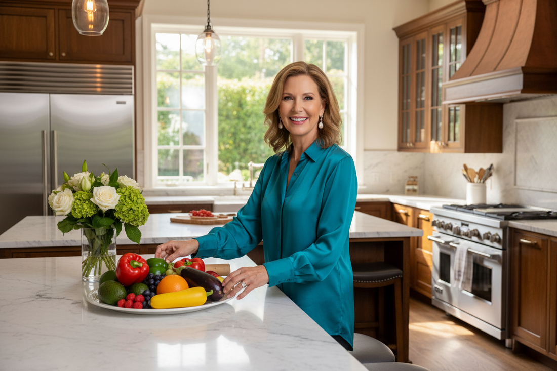 Elegant woman in silk blouse arranging a beautiful array of colorful fresh vegetables and fruits on a marble countertop with a radiant confident smile in a stunning upscale kitchen with soft natural light