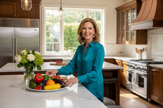 Elegant woman in silk blouse arranging a beautiful array of colorful fresh vegetables and fruits on a marble countertop with a radiant confident smile in a stunning upscale kitchen with soft natural light