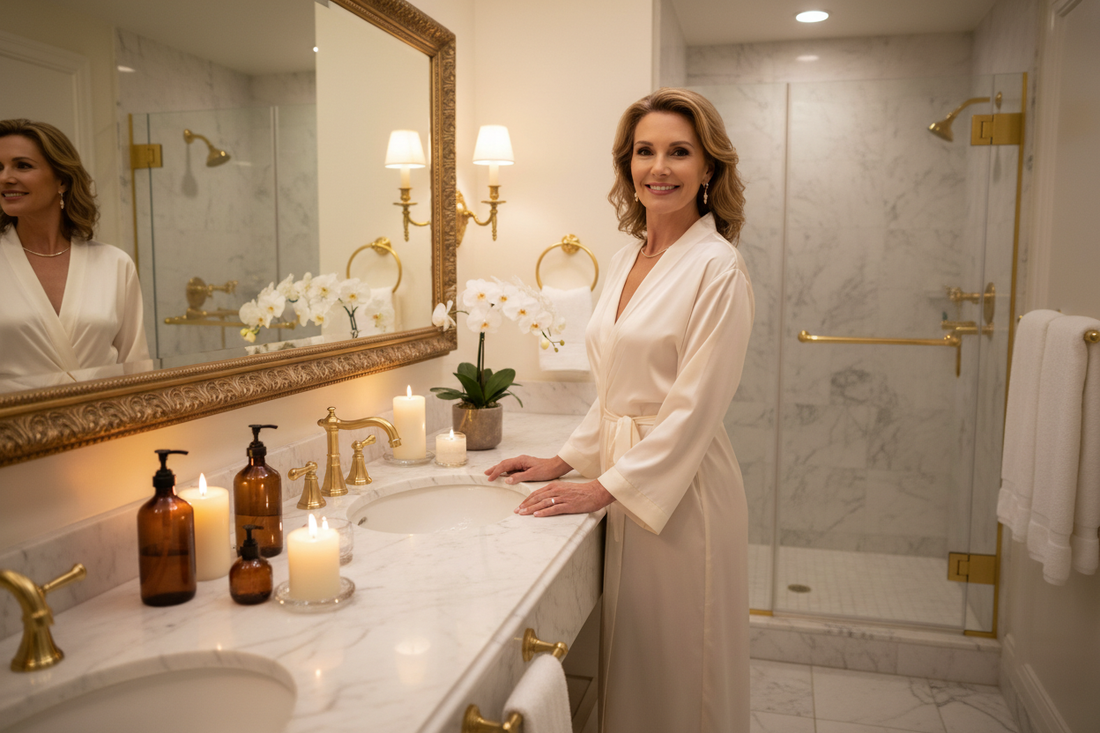Elegant woman in silk robe looking in a large gold-framed mirror with a radiant confident smile in a luxurious spa bathroom with soft candlelight, fresh white orchids, and marble countertops