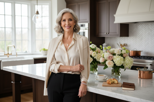 Elegant woman in her 50s in a luxurious upscale kitchen radiating confidence and health after achieving lasting body composition results with Dr. Restivo's consistent medical oversight program