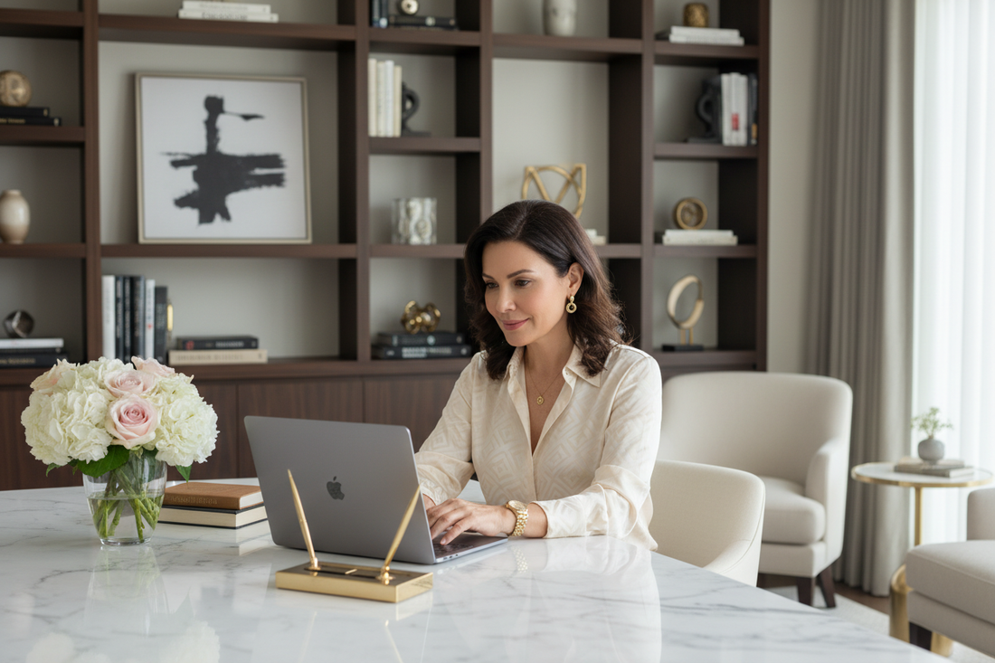 Elegant professional woman in her 50s in a luxurious home office, confident and composed, staying consistent with her weight loss goals through Dr. Restivo's remote doctor monitoring program
