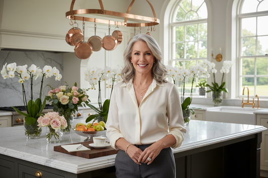 Elegant woman in her 50s in a luxurious upscale kitchen with marble countertops and fresh flowers, radiant and confident, embracing September as the ideal month to reset her weight loss goals with Dr. Restivo's doctor-guided program