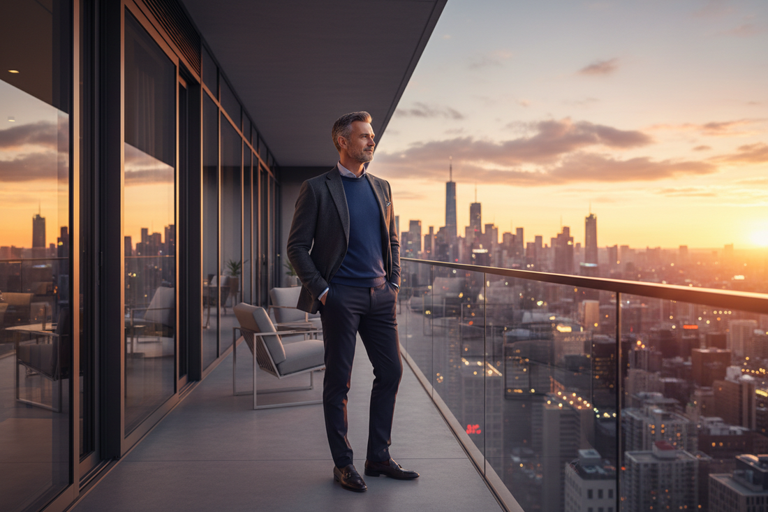 Distinguished man in his 50s standing on a luxury high-rise balcony at dusk with a confident relaxed posture, lean and energized after effective fat loss