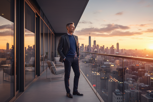 Distinguished man in his 50s standing on a luxury high-rise balcony at dusk with a confident relaxed posture, lean and energized after effective fat loss