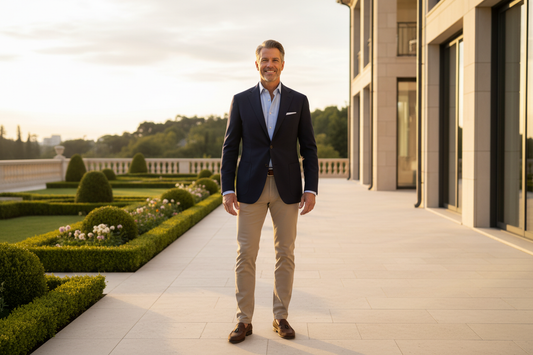 Distinguished man in his 50s standing on a luxury home terrace at golden hour with a warm confident smile, radiating renewed strength and vitality